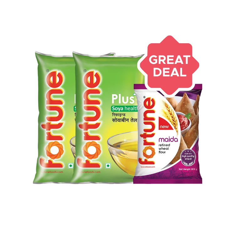 Fortune Plus Soya Health Refined Soyabean Oil x 2 +  Maida Combo