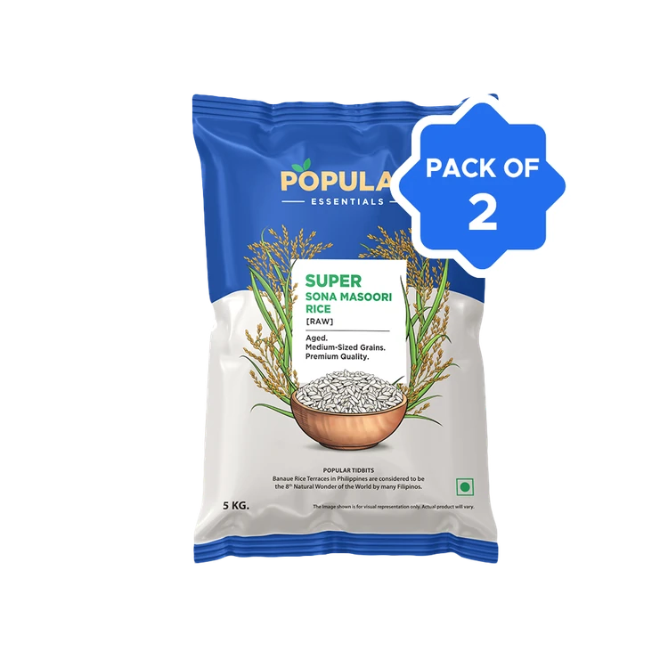 Popular Essentials Super Raw Sonamasuri Rice - 15 Months Old (Medium Grain) - Pack of 2 (Sonamasuri Akki)