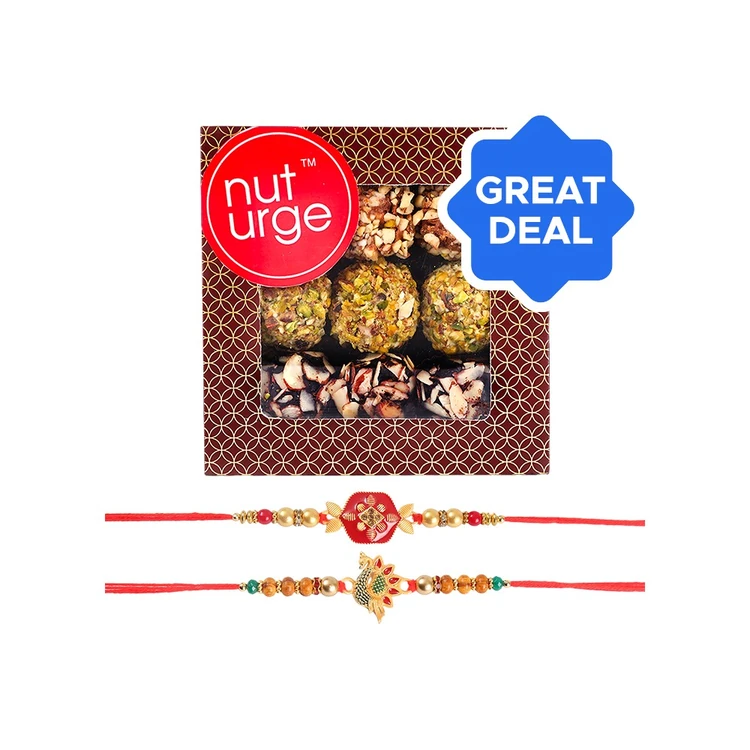 Enamelled & Beaded Rakhi (Red & Gold) by Shree Rakhi + Nuturge Assorted Truffles Box with Nuts & Chocolate Combo