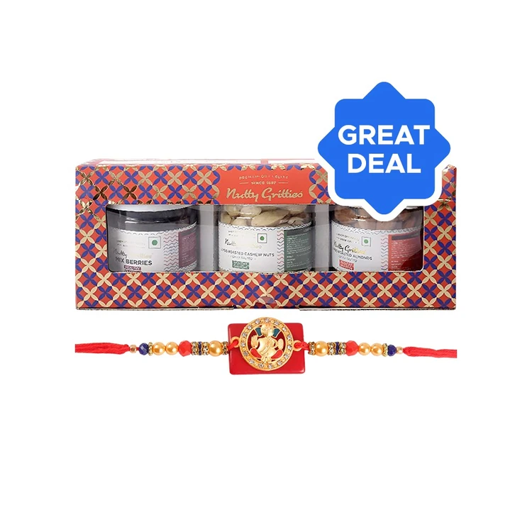 Ganesh Ji Stone Studded & Enamelled Rakhi (Gold & Red) by Shree Rakhi + Nutty Gritties Dry Fruits Gift Pack (Almonds + Cashews + Mix Berries) Combo