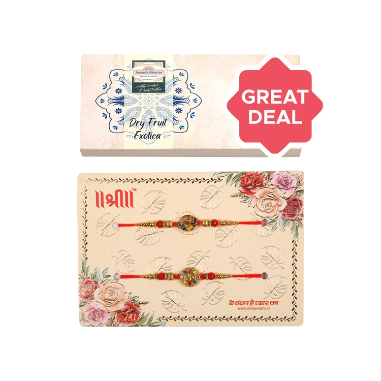 A2B Exotica Assorted Dry Fruits Gift Box (Variety of 6) + Beaded Om & Peacock Design Rakhi (Red & Golden) by Shree Rakhi Combo