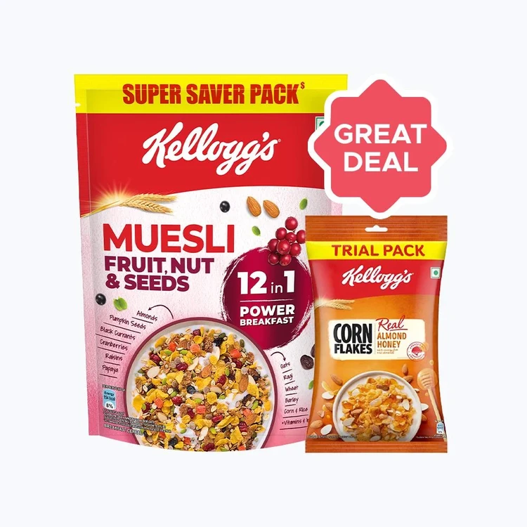 Kellogg’s Muesli Fruit Nut & Seeds 12-in-1 Multigrain Cereal+ Kellogg's Real Almond Honey Corn Flakes Combo