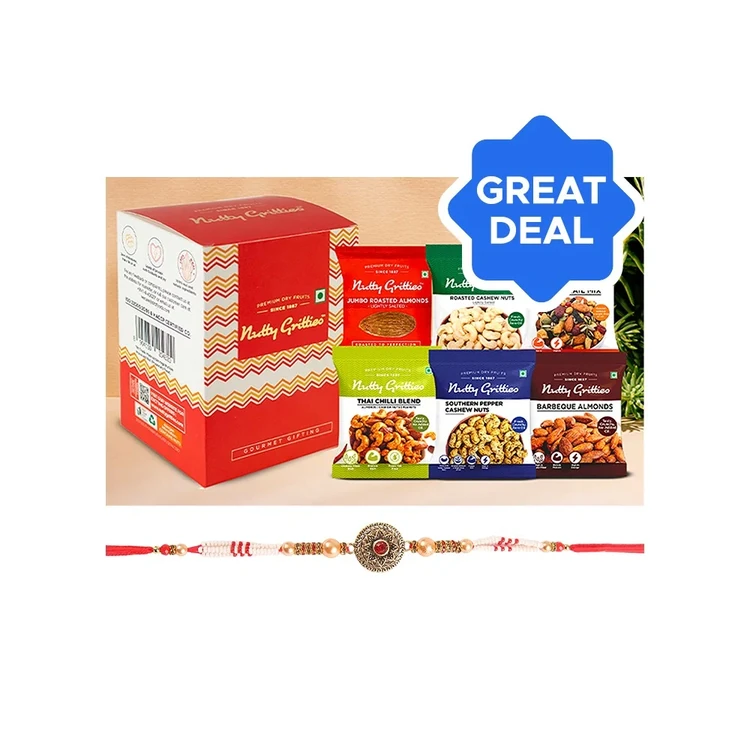 Studded & Beaded Rakhi (Gold, Red & White) by Shree Rakhi + Nutty Gritties Gourmet Assorted Dry Fruits Gift Pack Combo