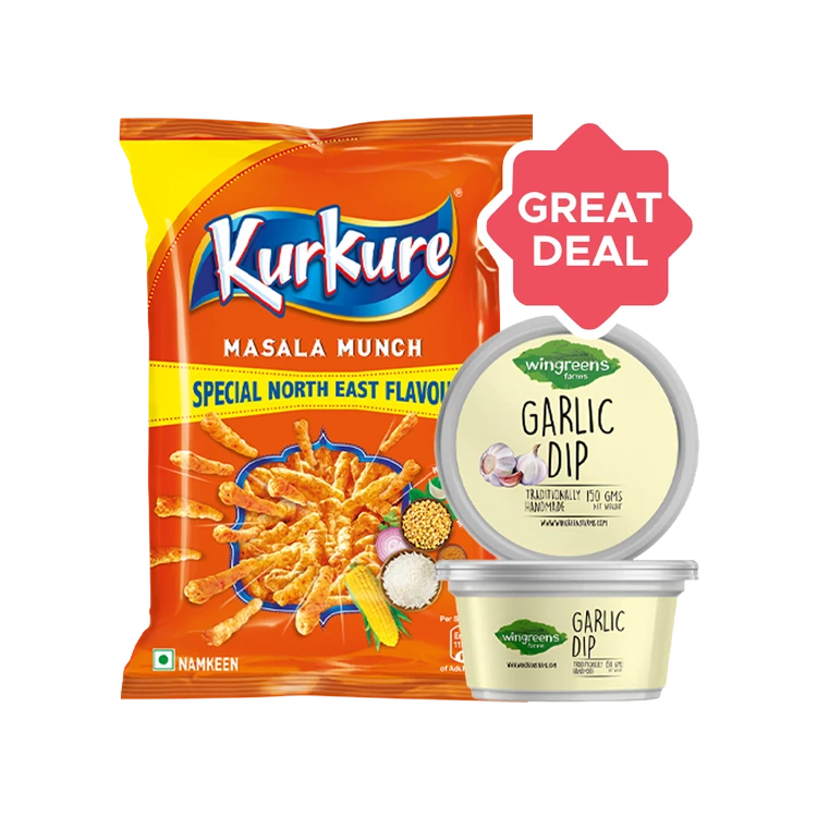 Wingreens Farms Garlic Dip + Kurkure Masala Munch Crisps Combo