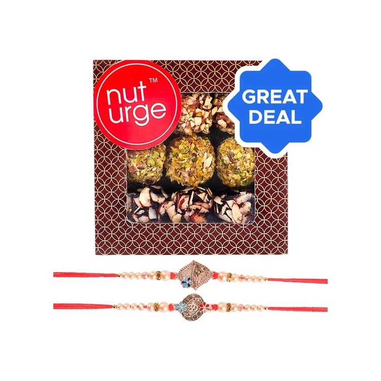 Enamelled & Studded Rakhi (Rose Gold & Red) by Shree Rakhi + Nuturge Assorted Truffles Box with Nuts & Chocolate Combo