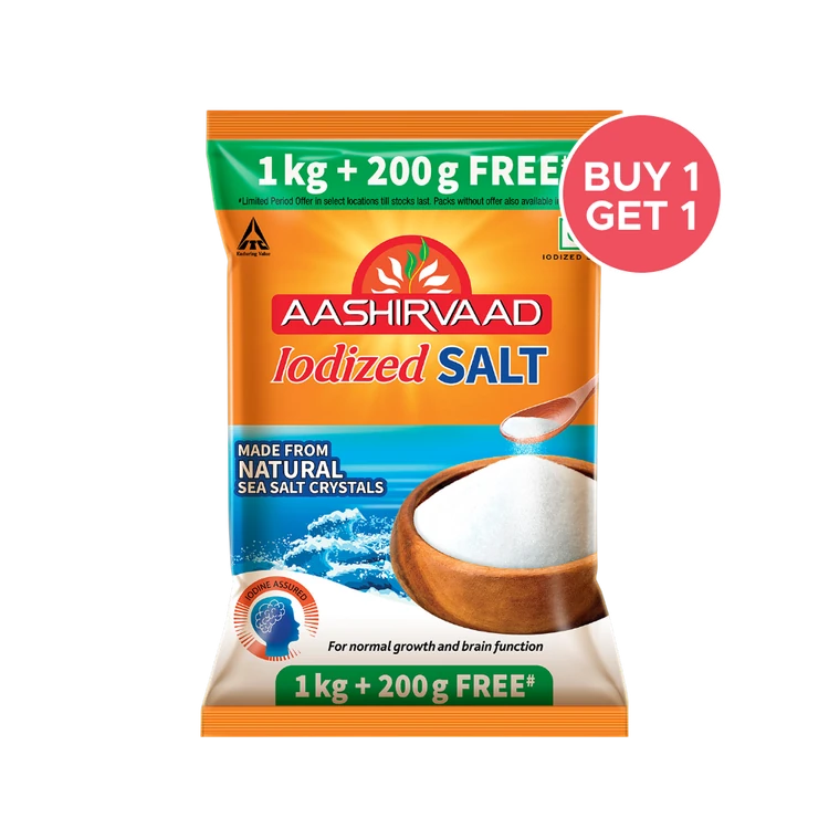 Aashirvaad Iodized Natural Salt 1 kg - Buy 1 Get 1 Free (Uppu)
