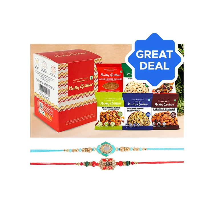 Enamelled & Studded Rakhi (Aqua Blue & Red) by Shree Rakhi + Nutty Gritties Gourmet Assorted Dry Fruits Gift Pack Combo