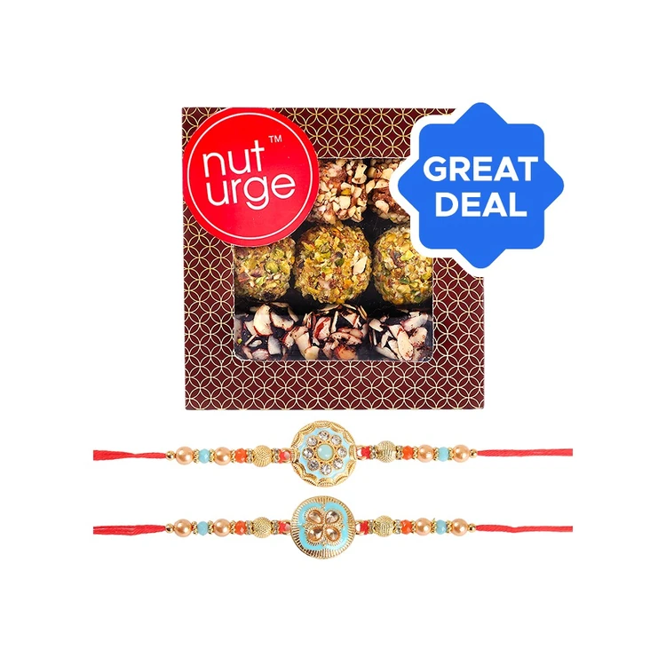 Enamelled Pendant Beaded Rakhi Set (Red & Blue) by Shree Rakhi + Nuturge Assorted Truffles Box with Nuts & Chocolate Combo