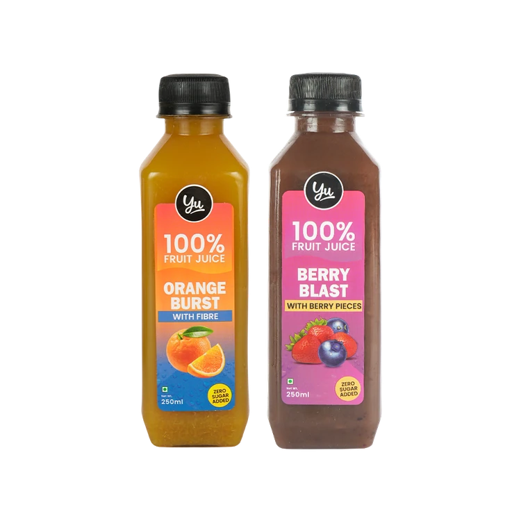 Yu Berry Blast 100% Fruit Juice With Berry Pieces +  Orange Burst Juice with Pulp Combo