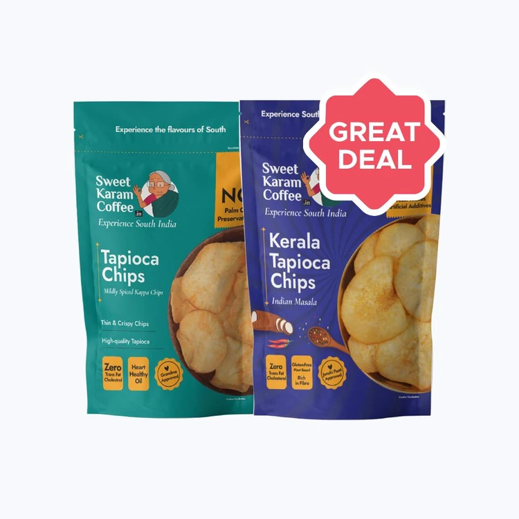 Sweet Karam Coffee Tapioca Chips - No Palm Oil +  Kerala Tapioca Chips - Indian Masala Combo
