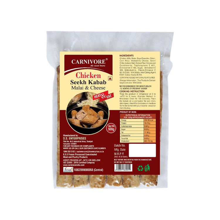 Carnivore Chicken Seekh Kebab (Malai Cheese) - Frozen