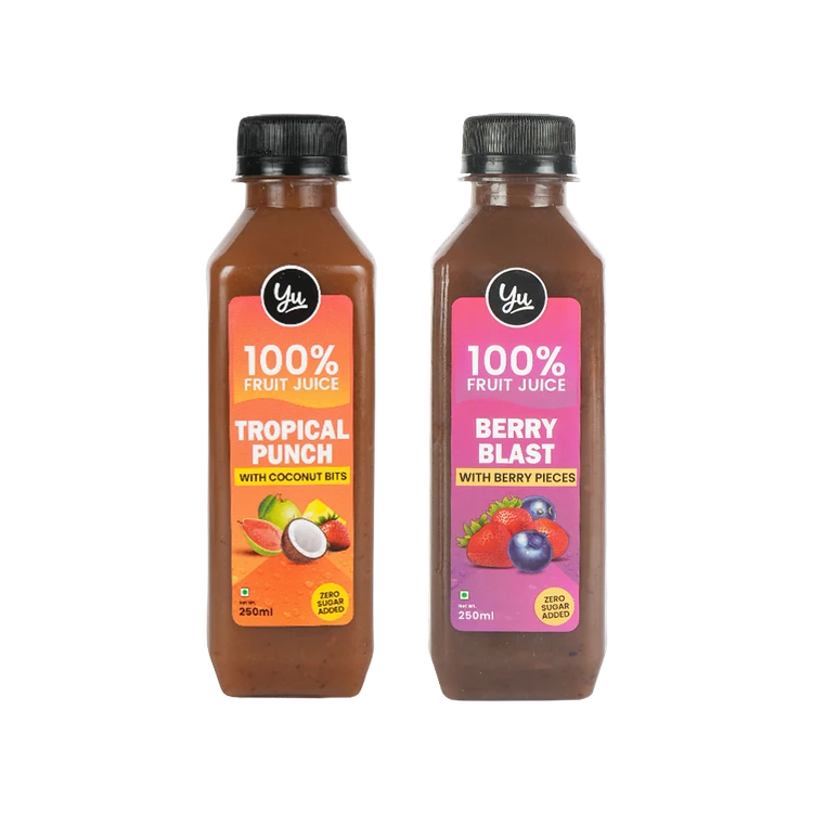 Yu Berry Blast 100% Fruit Juice With Berry Pieces +  Tropical Punch Fruit Juice With Coconut Bits Combo