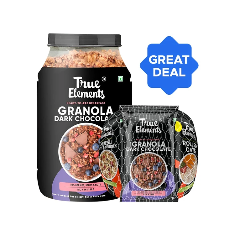 True Elements Dark Chocolate Granola (23% Berries, Seeds & Nuts) + True Elements Breakfast Combo - Oats & Cereal Combo