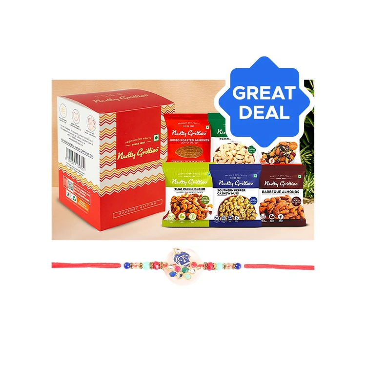 Krishna Stone Studded & Enamelled Rakhi (Multicolour) by Shree Rakhi + Nutty Gritties Gourmet Assorted Dry Fruits Gift Pack Combo