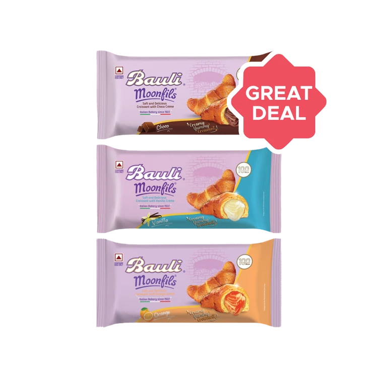 Bauli Moonfils Chocolate Crème Croissant - Egg +  Moonfils Vanilla Crème Croissant +  Moonfils Orange Crème Croissant Combo