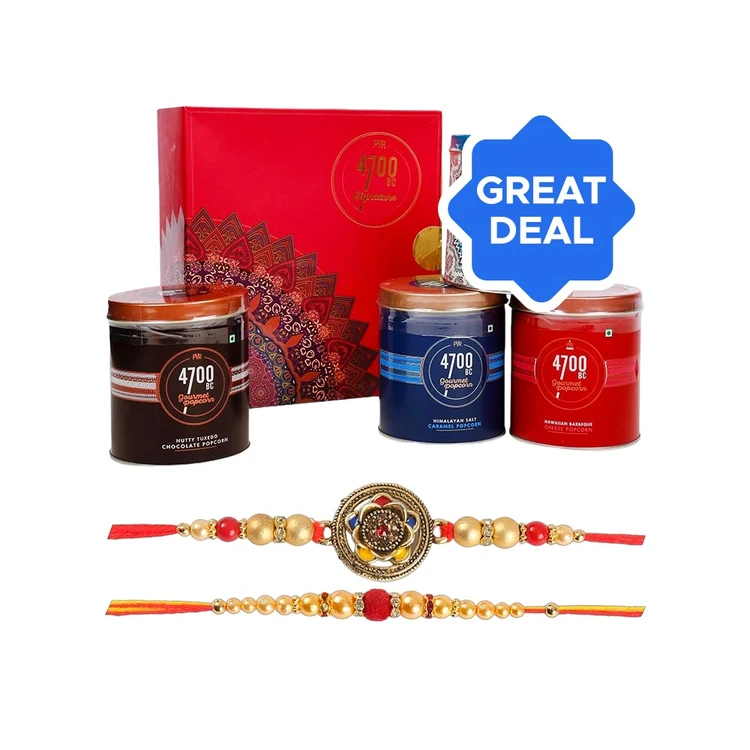 Enamelled & Beaded Rakhi (Red & Yellow) by Shree Rakhi + 4700BC Gourmet Popcorn Premium Gift Pack Combo