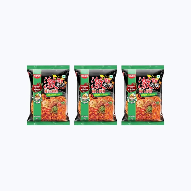 Nissin Geki - Hot & Spicy Korean Veg Flavoured Instant Noodles - Pack of 3