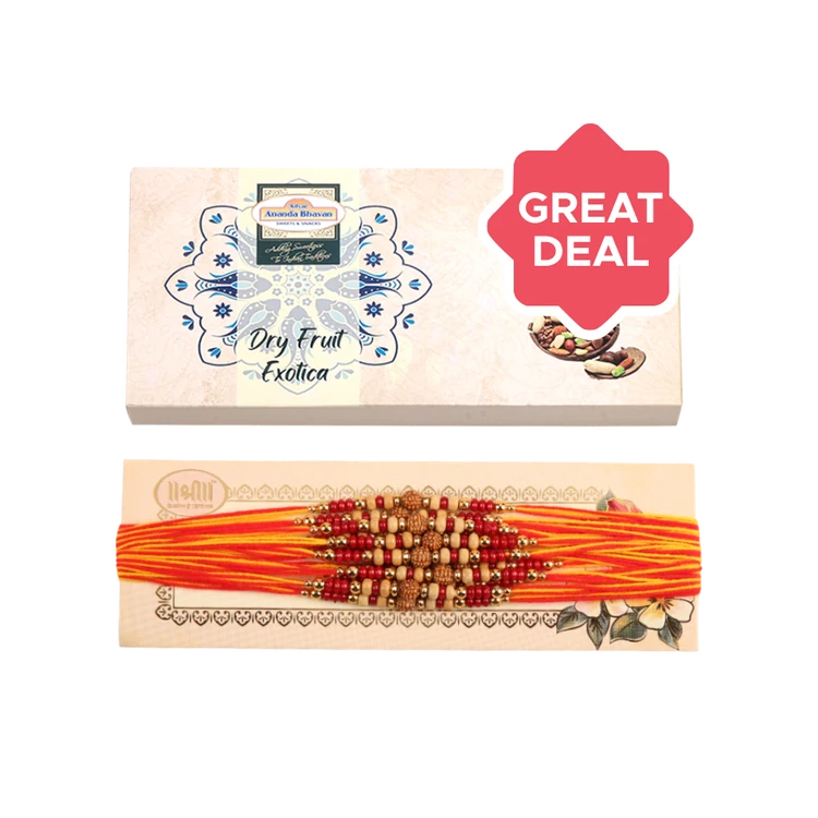 A2B Exotica Assorted Dry Fruits Gift Box (Variety of 6) + Beaded Rakhi (Red & Brown) by Shree Rakhi Combo