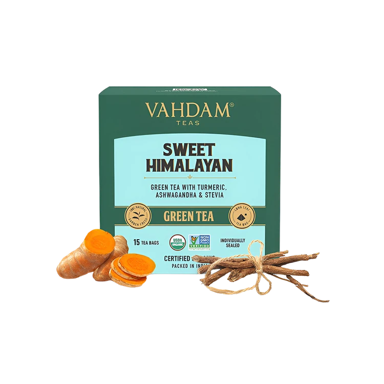 Vahdam Organic Sweet Himalayan Turmeric, Ashwagandha & Stevia Green Tea Bags