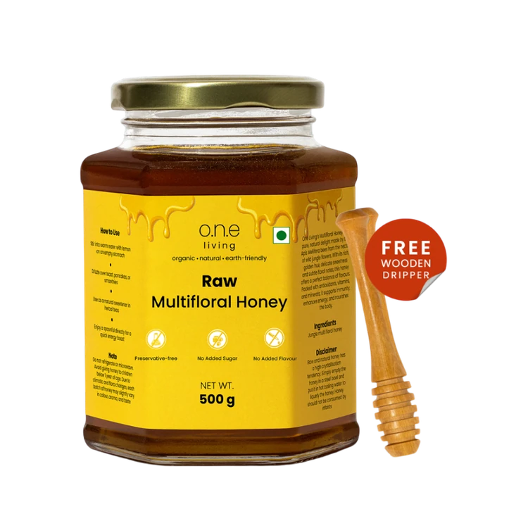 One Living Raw Multifloral Organic Honey with Wooden Dripper