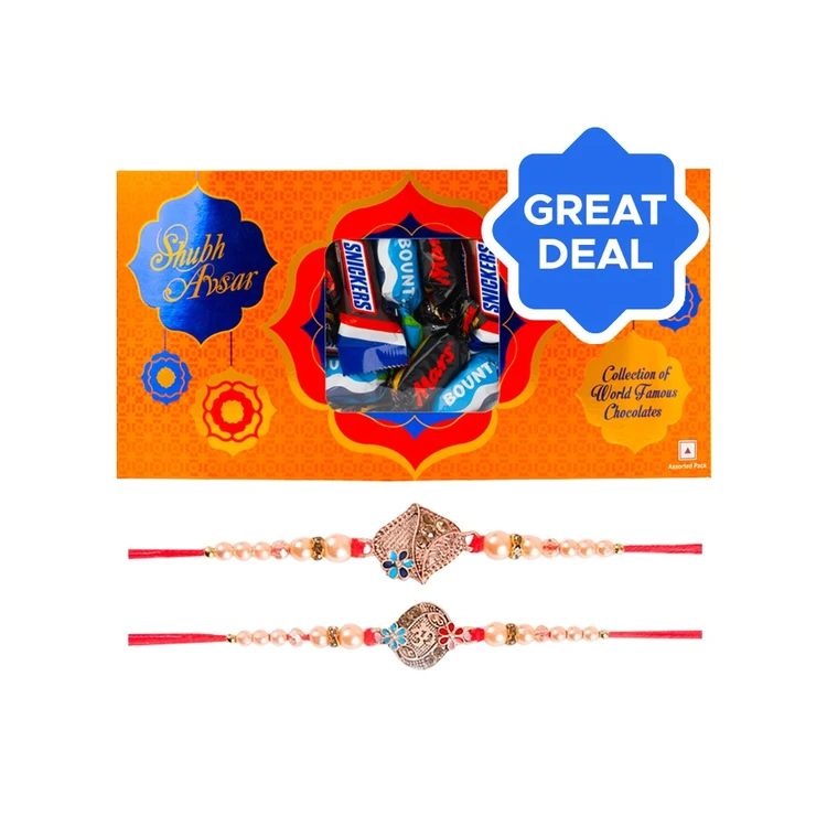 Mars Shubh Avsar Premium Chocolate Gift Pack + Enamelled & Studded Rakhi (Rose Gold & Red) by Shree Rakhi Combo