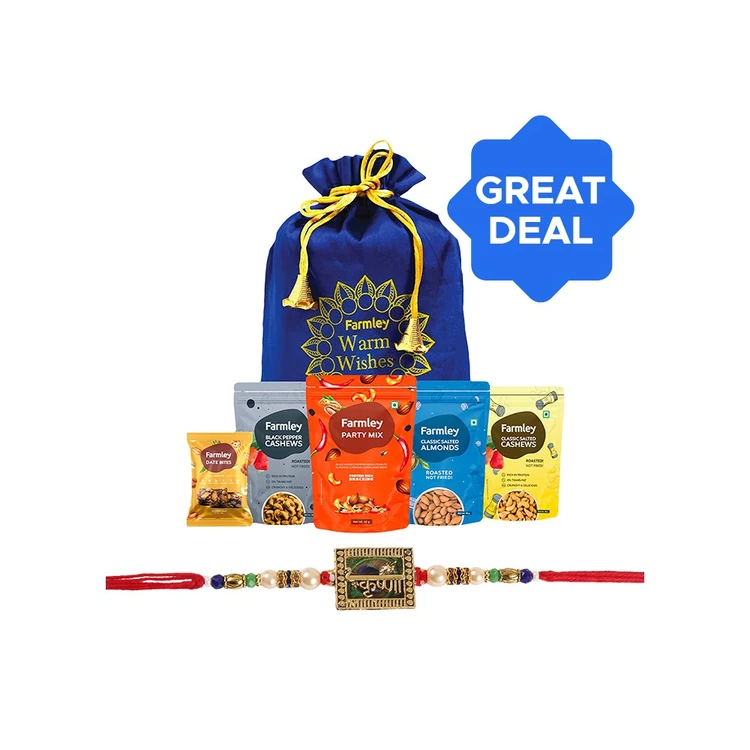 Krishna Enamelled Rakhi (Gold & Green) by Shree Rakhi + Farmley Mix Dry Fruit Gift Pack Potli Combo