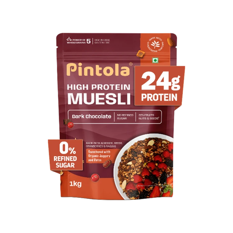 Pintola High Protein Muesli With Dark Chocolate and Cranberry 24g Protein, No Refined Sugar