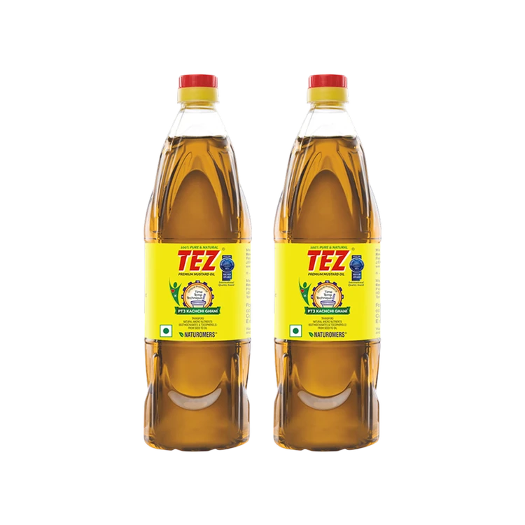 Tez Pure & Natural PT3 Premium Kachchi Ghani Mustard Oil - Pack of 2 (Sasive Enne)