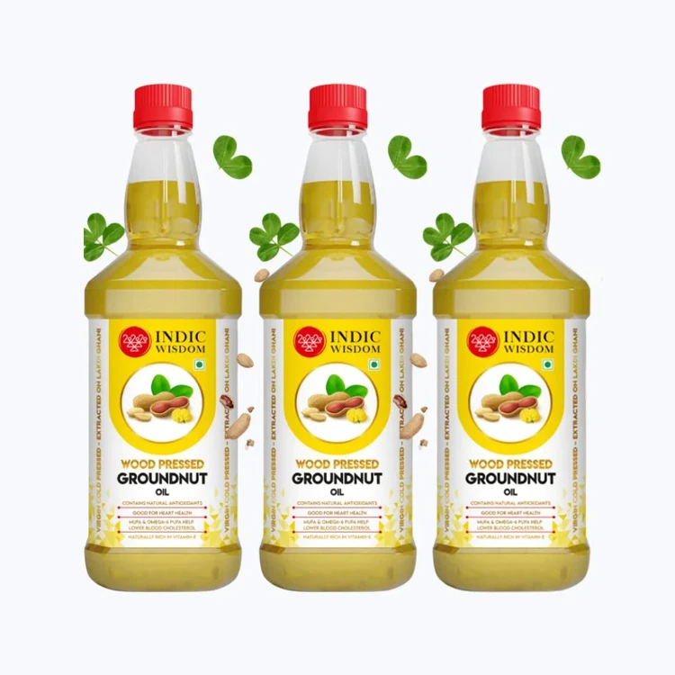 Indic Wisdom Wood Cold Pressed Peanut/ Groundnut Oil - Pack of 3 (Kadale Enne)