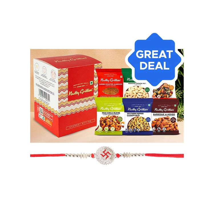 Swastik Enamelled Rakhi (Red) by Shree Rakhi + Nutty Gritties Gourmet Assorted Dry Fruits Gift Pack Combo
