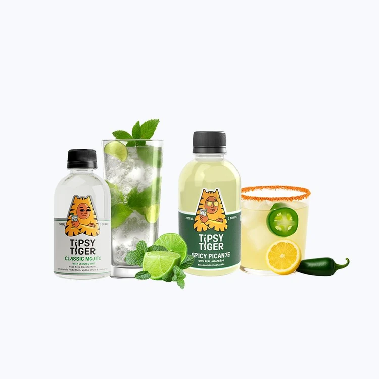 Tipsy Tiger Mojito Mocktail Cocktail Mix With Lemon & Mint +  Spicy Picante Cocktail Mix Combo