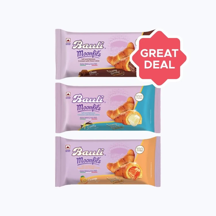 Bauli Moonfils Chocolate Crème Croissant - Egg +  Moonfils Vanilla Crème Croissant +  Moonfils Orange Crème Croissant Combo