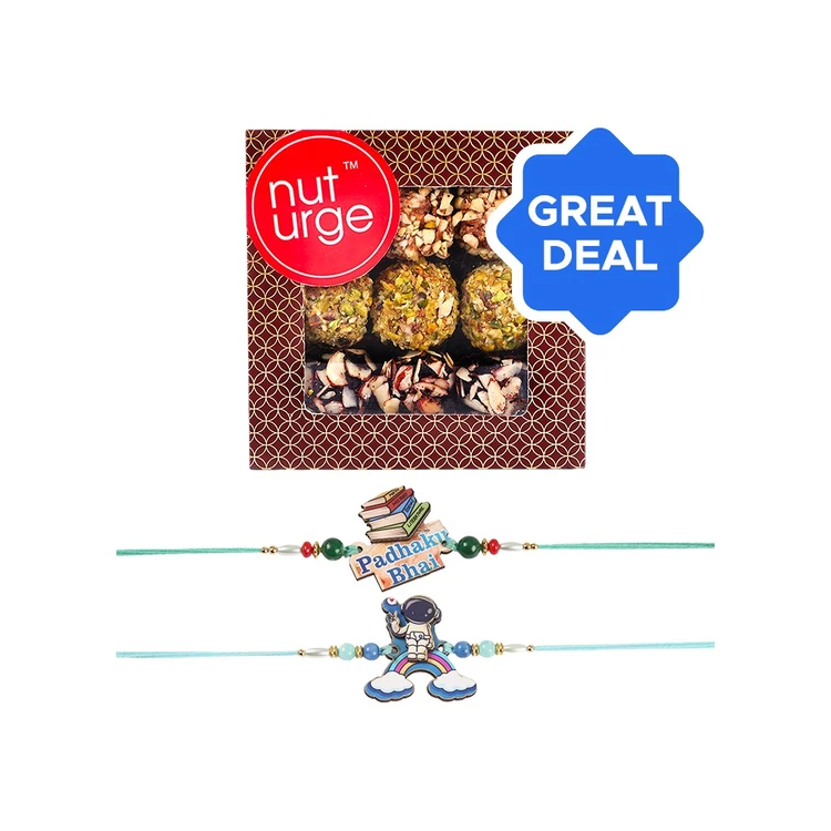 Astronaut & Padhaku Bhai Rakhi Set (Blue & Green) by Shree Rakhi + Nuturge Assorted Truffles Box with Nuts & Chocolate Combo