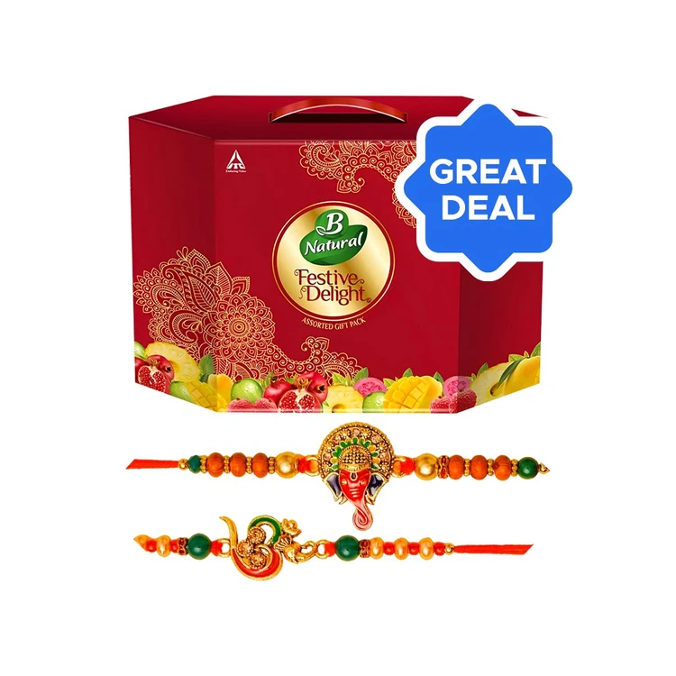 B Natural Festive Delight Beverage Gift Pack + Om & Ganpati Enamelled Beaded Rakhi Set (Red & Green) by Shree Rakhi Combo