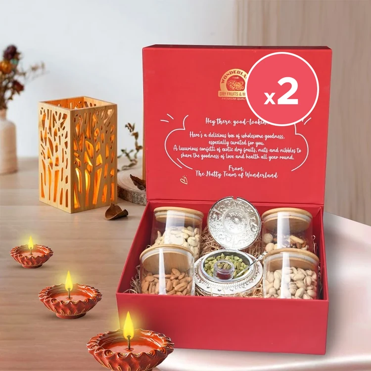 Wonderland Foods Dry Fruits Gift Pack with Designer Bowl (Silver Plated) - Pack of 2 (Dry Fruits Udugore Pack)