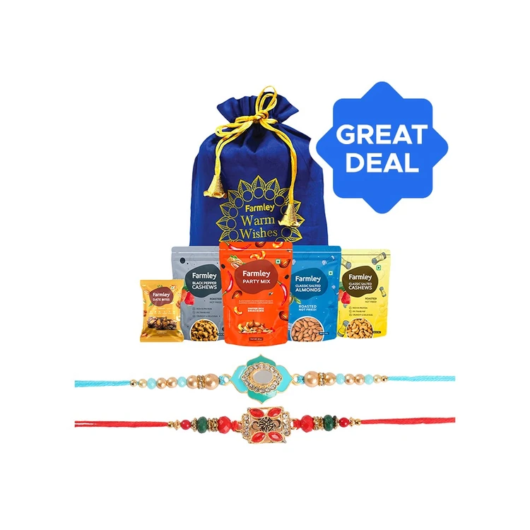 Enamelled & Studded Rakhi (Aqua Blue & Red) by Shree Rakhi + Farmley Mix Dry Fruit Gift Pack Potli Combo