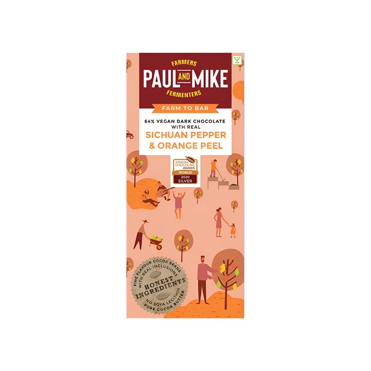 Paul and Mike Vegan (Sichuan Pepper & Orange Peel) 64% Dark Chocolate