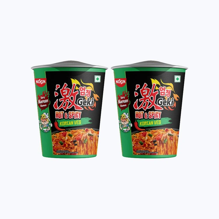 Nissin Geki Hot & Spicy Korean Veg Cup Noodles - Pack of 2