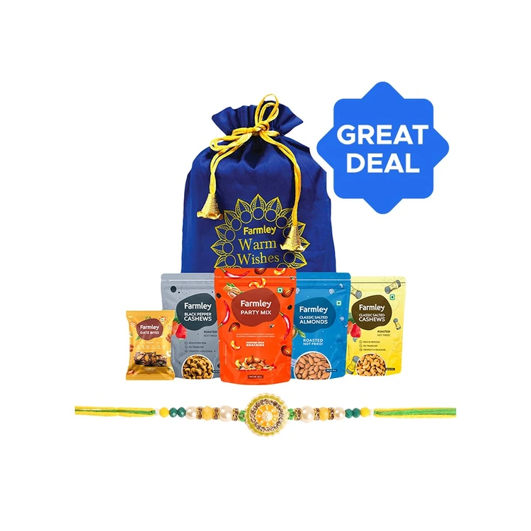 Enamelled Beaded Rakhi (Yellow & Green) by Shree Rakhi + Farmley Mix Dry Fruit Gift Pack Potli Combo