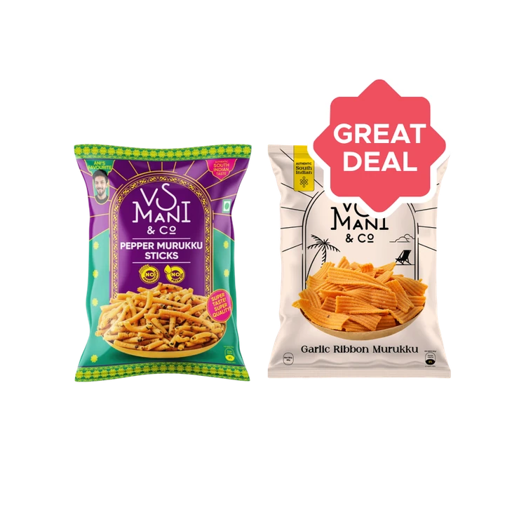 VS Mani & Co. Pepper Murukku Namkeen +  Garlic Ribbon Pakoda Combo