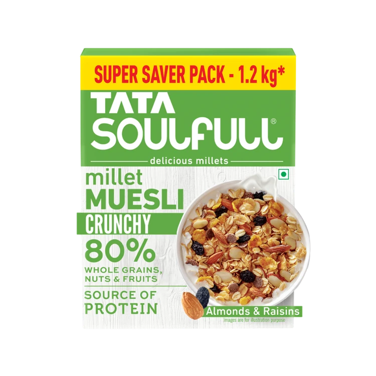 Tata Soulfull Millet Muesli, Crunchy, Almonds & Raisins Breakfast Cereal
