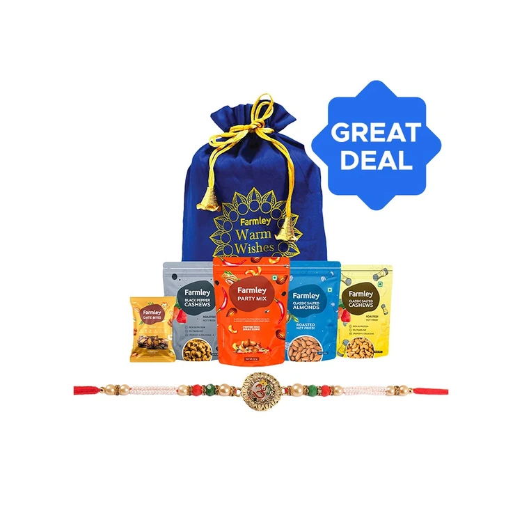 Om Enamelled & Beaded Rakhi (Gold, Red & White) by Shree Rakhi + Farmley Mix Dry Fruit Gift Pack Potli Combo