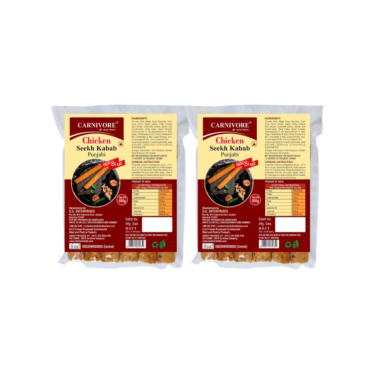 Carnivore Punjabi Chicken Seekh Kebab (Frozen) - Pack of 2