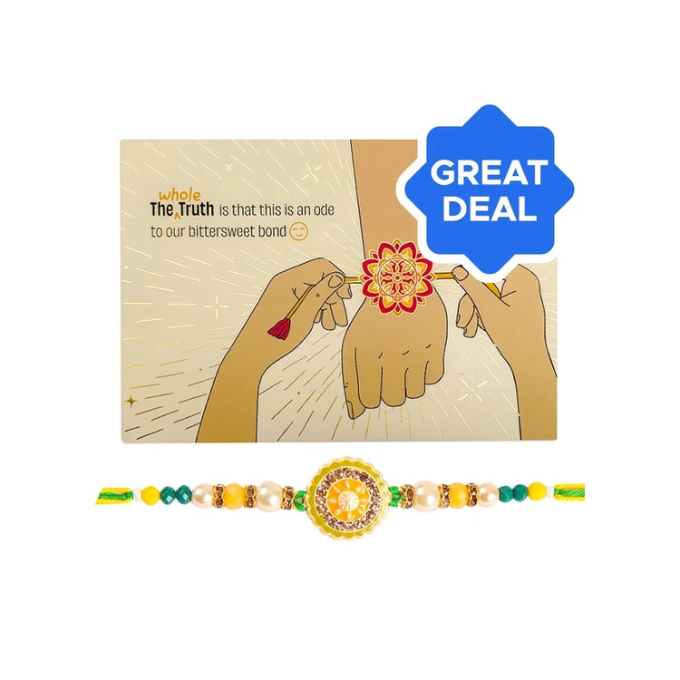 The Whole Truth X Kimirica Rakhshabandan Chocolate Gift Box with Hand Cream + Enamelled Beaded Rakhi (Yellow & Green) by Shree Rakhi Combo