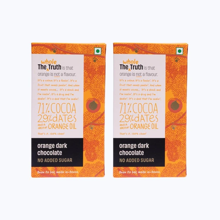 The Whole Truth Orange Dark Chocolate Bar (Cocoa 71%, Dates 29% & Dash of Orange Oil) - Pack of 2