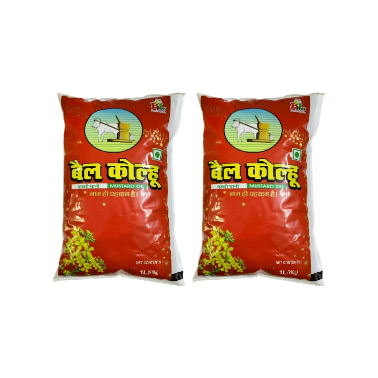 Bail Kolhu Kachi Ghani Pouch Mustard Oil - Pack of 2 (Sasive Enne)