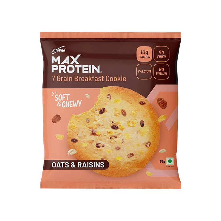 RiteBite Max Protein No Maida 7 Grains Oats & Raisins 10 g Protein Cookies