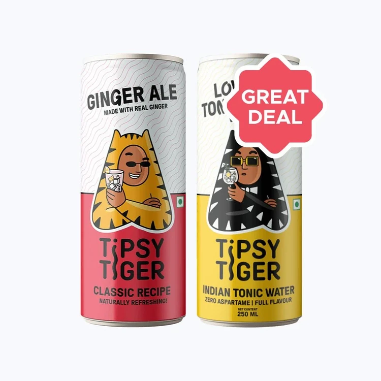 Tipsy Tiger Ginger Ale (Ginger Ale made with Real Ginger) +  Indian Tonic Water (Low Sugar & Calorie) Combo