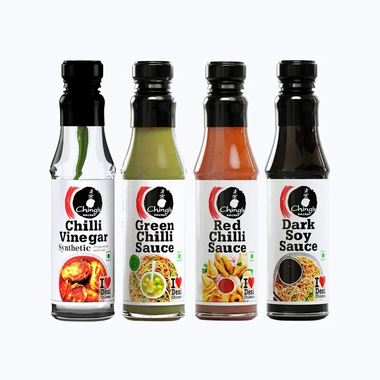 Ching's Secret Dark Soy Sauce Rich, Brown and Zesty +  Red Chilli Sauce, Bold, Fiery & Aromatic +  Green Chilli Sauce +  Chilli Vinegar Combo