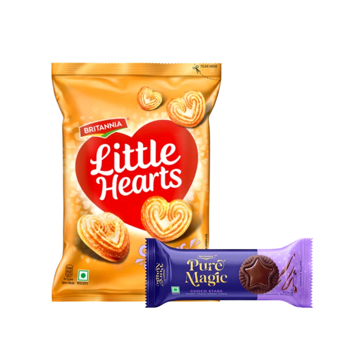 Britannia Little Hearts Classic Crunch Biscuit + Britannia Pure Magic Choco Stars Chunky Chocolate Topped Cookies Combo